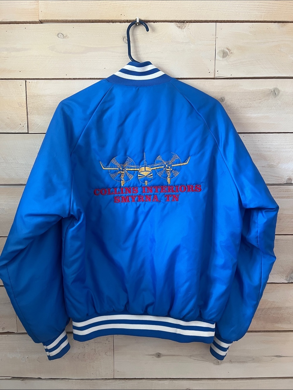 VTG 80s Bomber Jacket West Ark Pearl Royal Blue White Striped Trim Embroidered